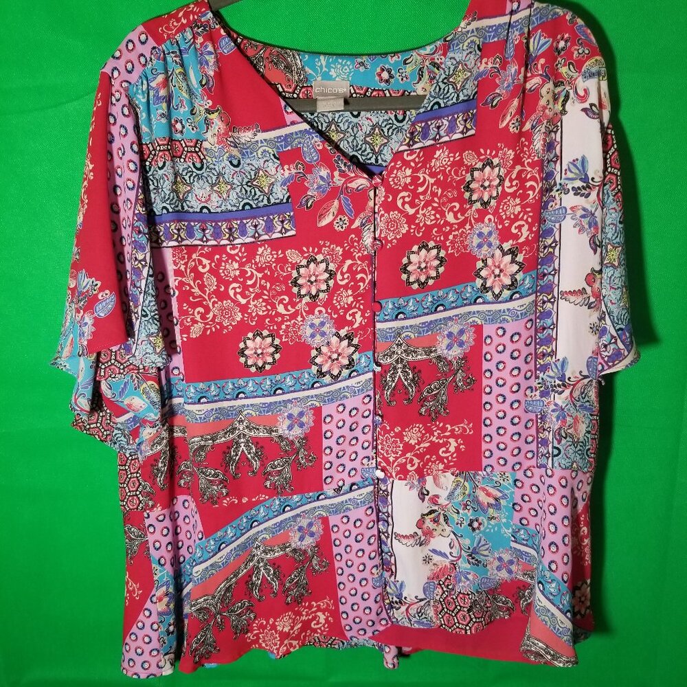 Chicos Womens Button Up Blouse Red Patchwork‎ Country Cottage Colorful Retro